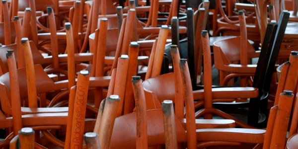 stacks of red and black chairs