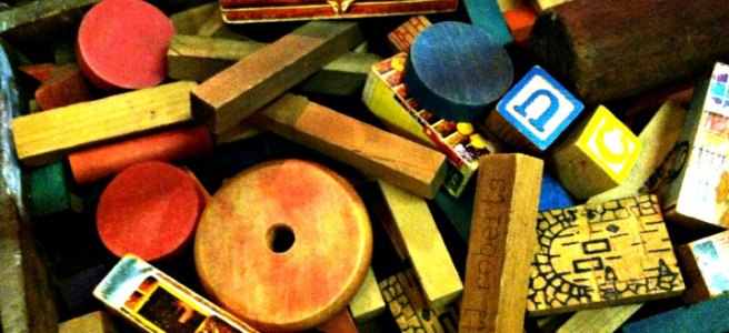 box of wooden toys