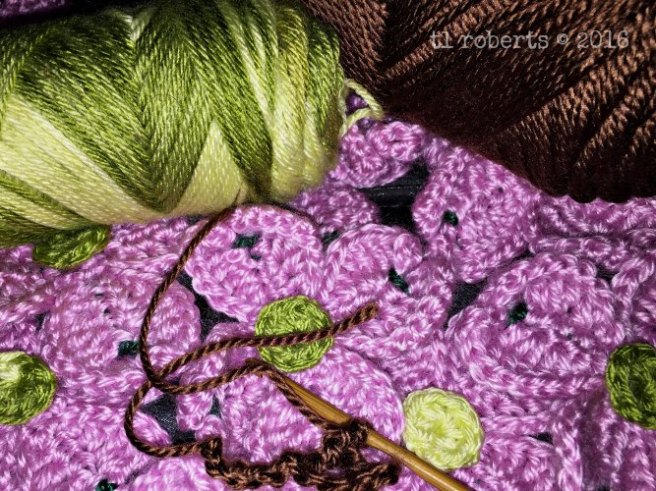 crocheted pink dogwood blossoms