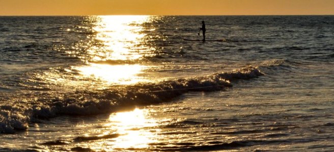 paddle boarding at sunset
